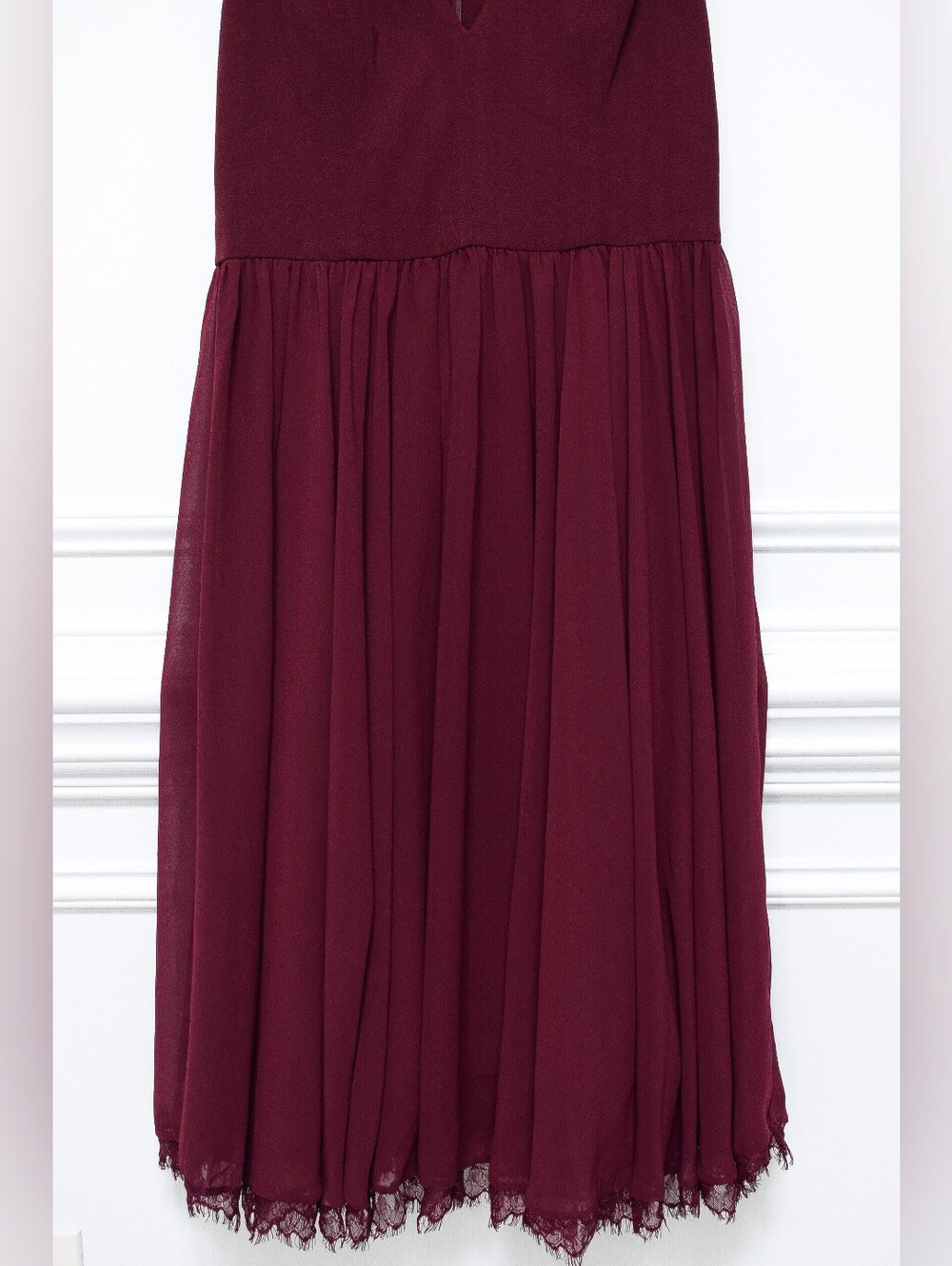 Dress The Population Alicia Dress Burgundy Chiffon Fit & Flare Lace Trim Size L - Picture 4 of 11